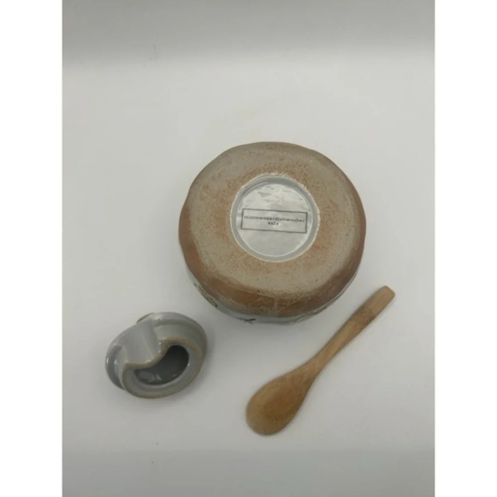 Creative Co-Op Hand Painted Spoon‎ & Lid Stoneware Sugar Pot Flower Design